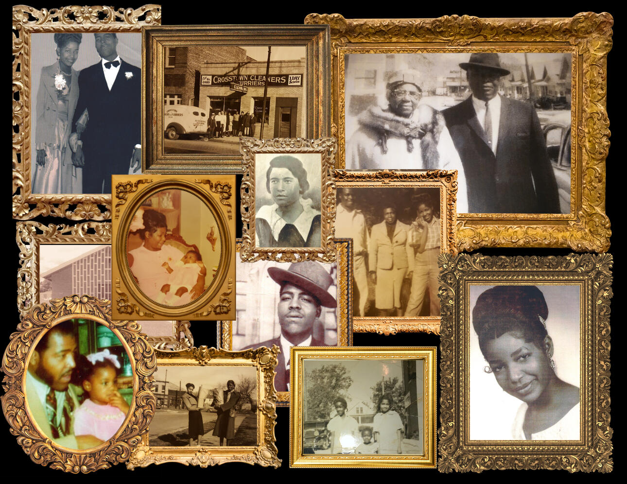 collage of photographs in gold frames